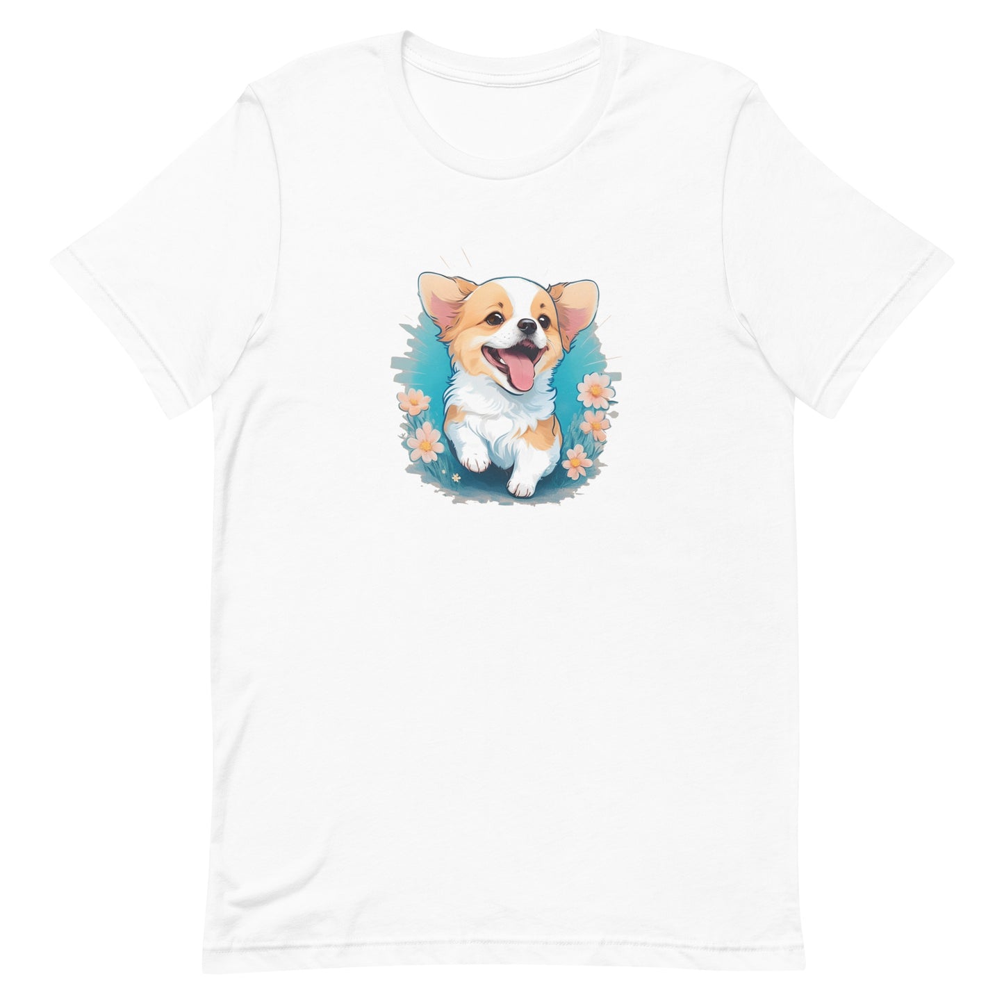 a adorable cute puppy dog with flowers around its neck on a white crew neck short sleeve t-shirt, a detailed drawing, furry art, made of flowers, digital illustration, detailed painting