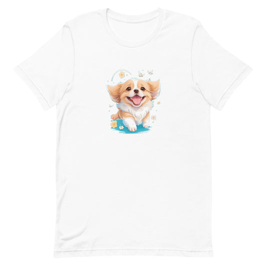 a adorable cute puppy dog with flowers around its neck on a white crew neck short sleeve t-shirt, a detailed drawing, furry art, made of flowers, digital illustration, detailed painting