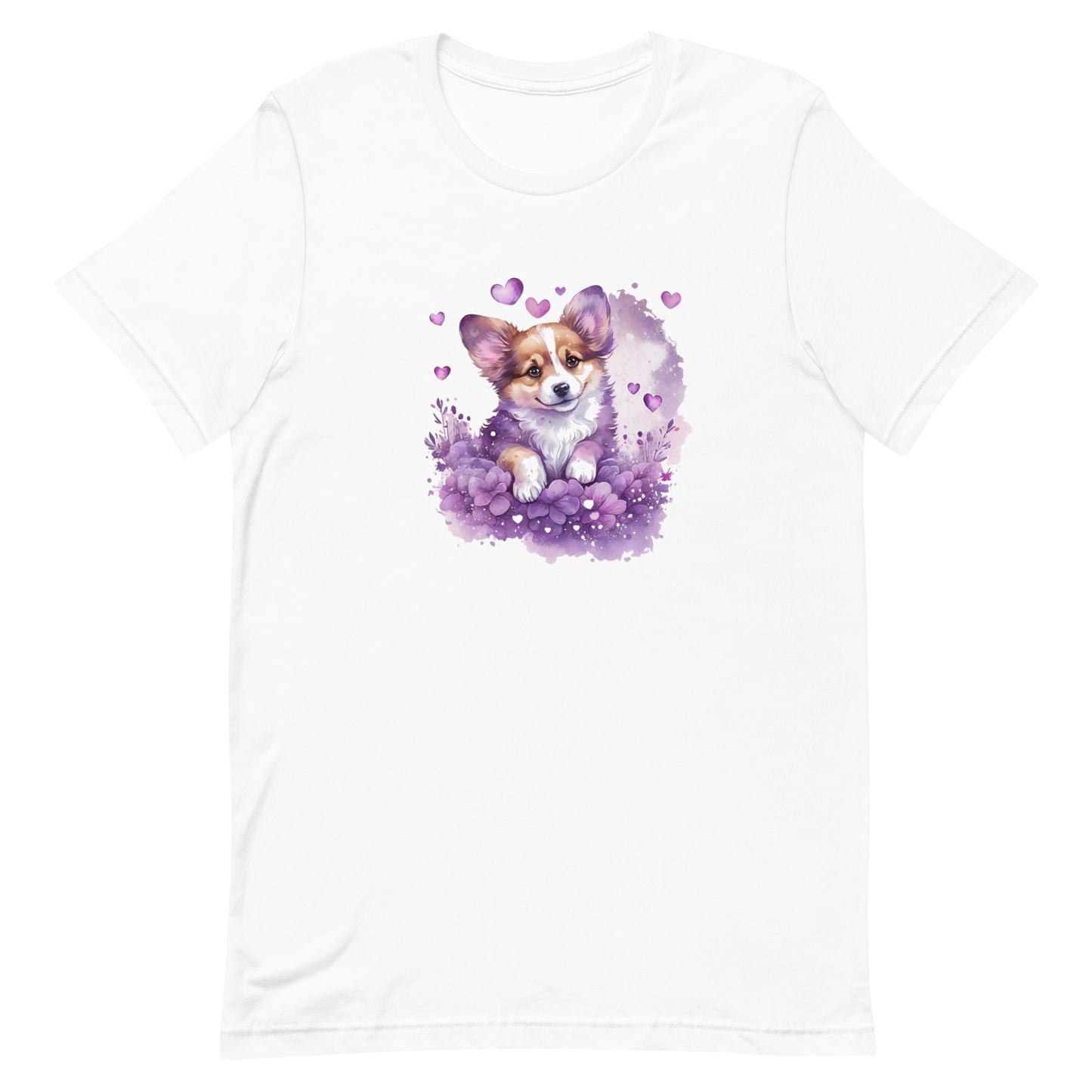 A detailed illustration a print of Lively cute puppy and dog paws,white background, fantasy heart splash, rounded circle, vintage short sleeve crew neck t-shirt design, dark read and Dark Purples and pink colors,on a white background, in the style of Studio Ghibli, cute and quirky, fantasy art, watercolor effect, hand-drawn, digital painting 