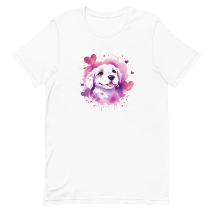 A detailed illustration a print of Lively cute puppy and dog paws,white background, fantasy heart splash, rounded circle, vintage short sleeve crew neck t-shirt design, dark read and Dark Purples and pink colors,on a white background, in the style of Studio Ghibli, cute and quirky, fantasy art, watercolor effect, hand-drawn, digital painting