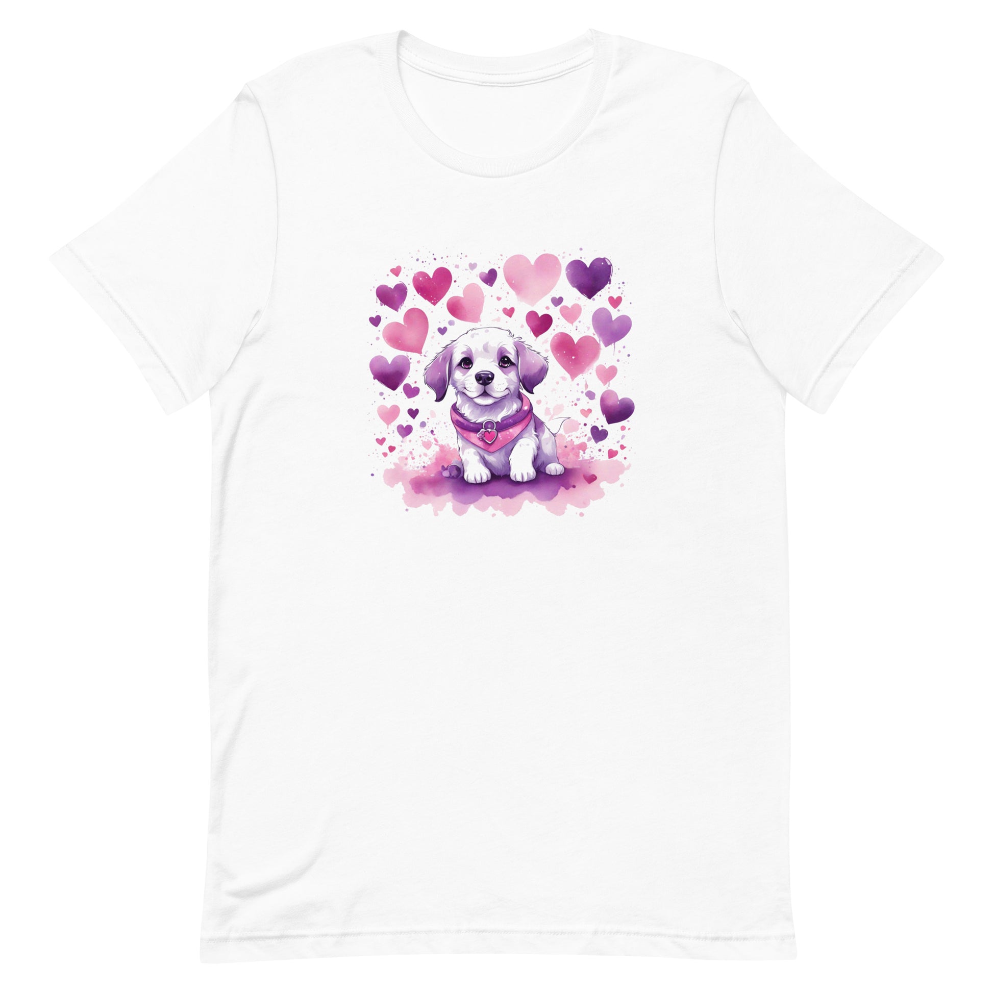 A detailed illustration a print of Lively cute puppy and dog paws,white background, fantasy heart splash, rounded circle, vintage short sleeve crew neck t-shirt design, dark read and Dark Purples and pink colors,on a white background, in the style of Studio Ghibli, cute and quirky, fantasy art, watercolor effect, hand-drawn, digital painting