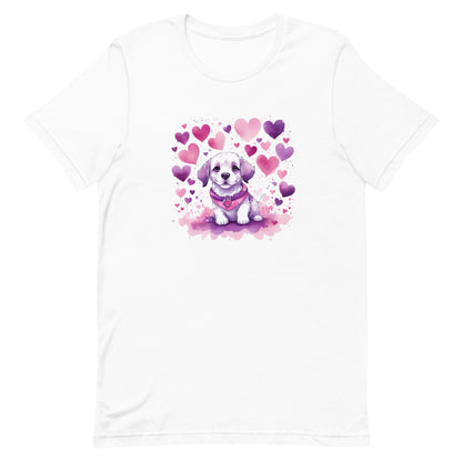 A detailed illustration a print of Lively cute puppy and dog paws,white background, fantasy heart splash, rounded circle, vintage short sleeve crew neck t-shirt design, dark read and Dark Purples and pink colors,on a white background, in the style of Studio Ghibli, cute and quirky, fantasy art, watercolor effect, hand-drawn, digital painting