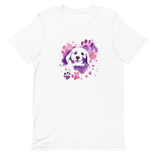 A detailed illustration a print of Lively cute puppy and dog paws,white background, fantasy heart splash, rounded circle, vintage short sleeve crew neck t-shirt design, dark read and Dark Purples and pink colors,on a white background, in the style of Studio Ghibli, cute and quirky, fantasy art, watercolor effect, hand-drawn, digital painting