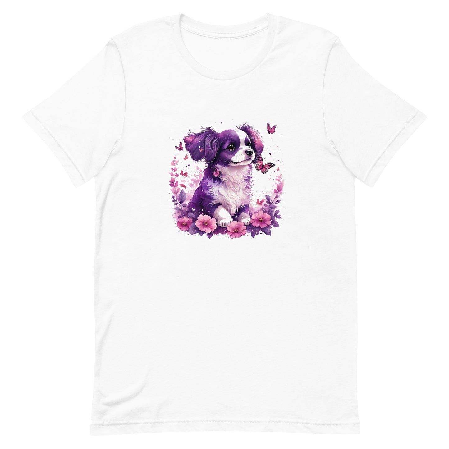 A detailed illustration a print of Lively cute puppy and dog paws,white background, fantasy heart splash, rounded circle, vintage short sleeve crew neck t-shirt design, dark read and Dark Purples and pink colors,on a white background, in the style of Studio Ghibli, cute and quirky, fantasy art, watercolor effect, hand-drawn, digital painting 