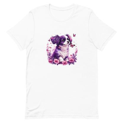 A detailed illustration a print of Lively cute puppy and dog paws,white background, fantasy heart splash, rounded circle, vintage short sleeve crew neck t-shirt design, dark read and Dark Purples and pink colors,on a white background, in the style of Studio Ghibli, cute and quirky, fantasy art, watercolor effect, hand-drawn, digital painting 