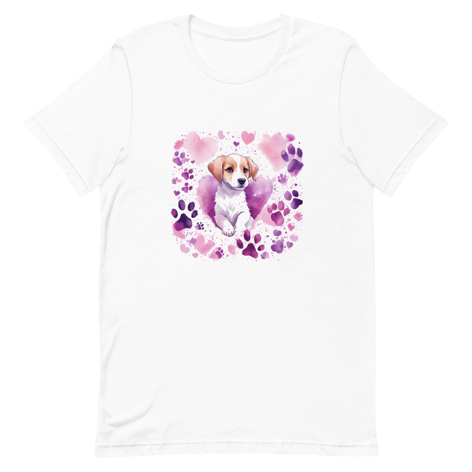 A detailed illustration a print of Lively cute puppy and dog paws,white background, fantasy heart splash, rounded circle, vintage short sleeve crew neck t-shirt design, dark read and Dark Purples and pink colors,on a white background, in the style of Studio Ghibli, cute and quirky, fantasy art, watercolor effect, hand-drawn, digital painting