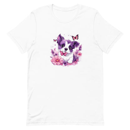 A detailed illustration a print of Lively cute puppy and dog paws,white background, fantasy heart splash, rounded circle, vintage short sleeve crew neck t-shirt design, dark read and Dark Purples and pink colors,on a white background, in the style of Studio Ghibli, cute and quirky, fantasy art, watercolor effect, hand-drawn, digital painting