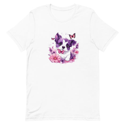 A detailed illustration a print of Lively cute puppy and dog paws,white background, fantasy heart splash, rounded circle, vintage short sleeve crew neck t-shirt design, dark read and Dark Purples and pink colors,on a white background, in the style of Studio Ghibli, cute and quirky, fantasy art, watercolor effect, hand-drawn, digital painting