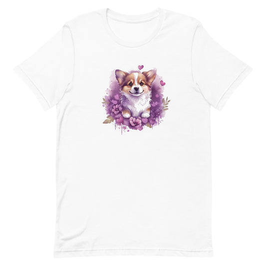 A detailed illustration a print of Lively cute puppy and dog paws,white background, fantasy heart splash, rounded circle, vintage short sleeve crew neck t-shirt design, dark read and Dark Purples and pink colors,on a white background, in the style of Studio Ghibli, cute and quirky, fantasy art, watercolor effect, hand-drawn, digital painting 