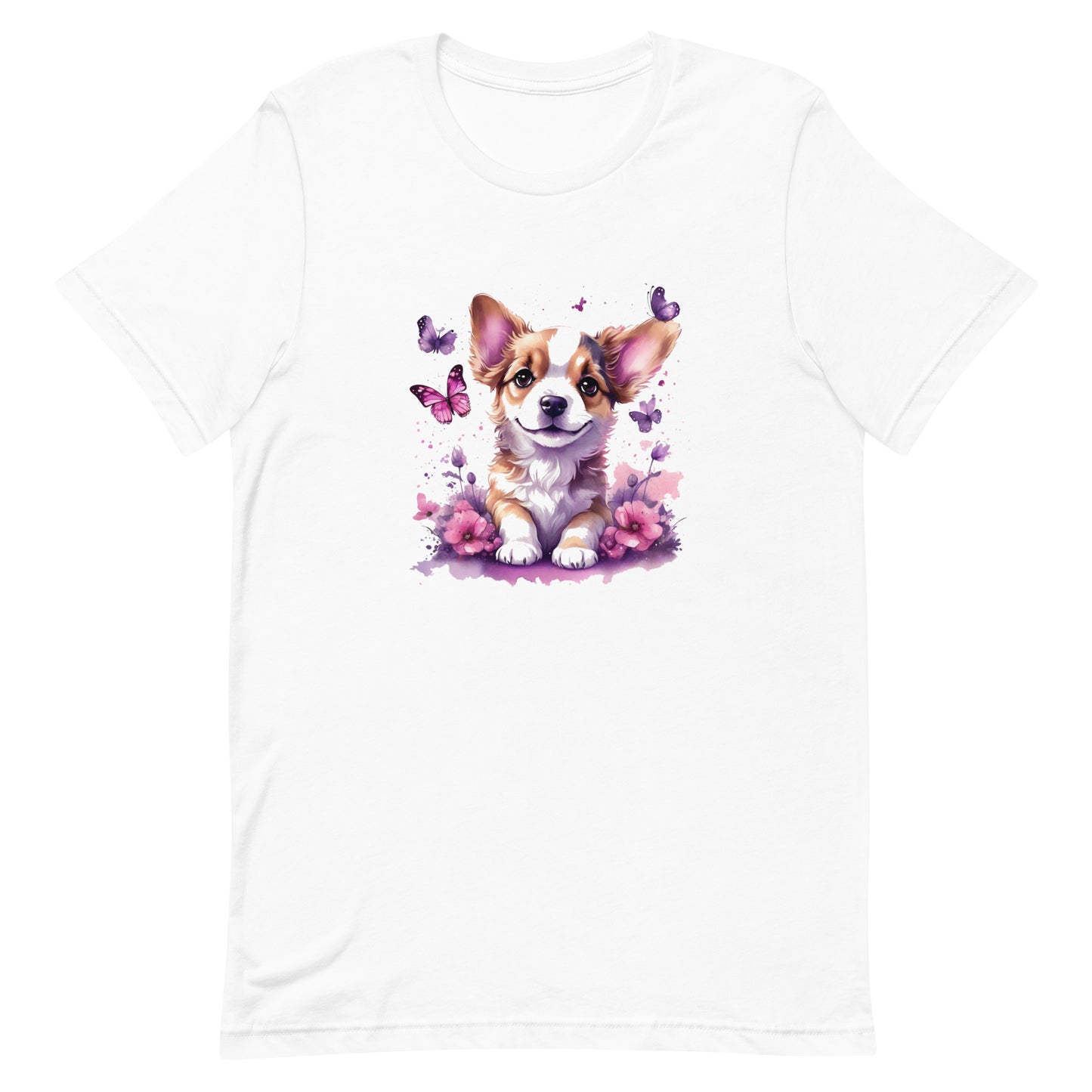 A detailed illustration a print of Lively cute puppy and dog paws,white background, fantasy heart splash, rounded circle, vintage short sleeve crew neck t-shirt design, dark read and Dark Purples and pink colors,on a white background, in the style of Studio Ghibli, cute and quirky, fantasy art, watercolor effect, hand-drawn, digital painting