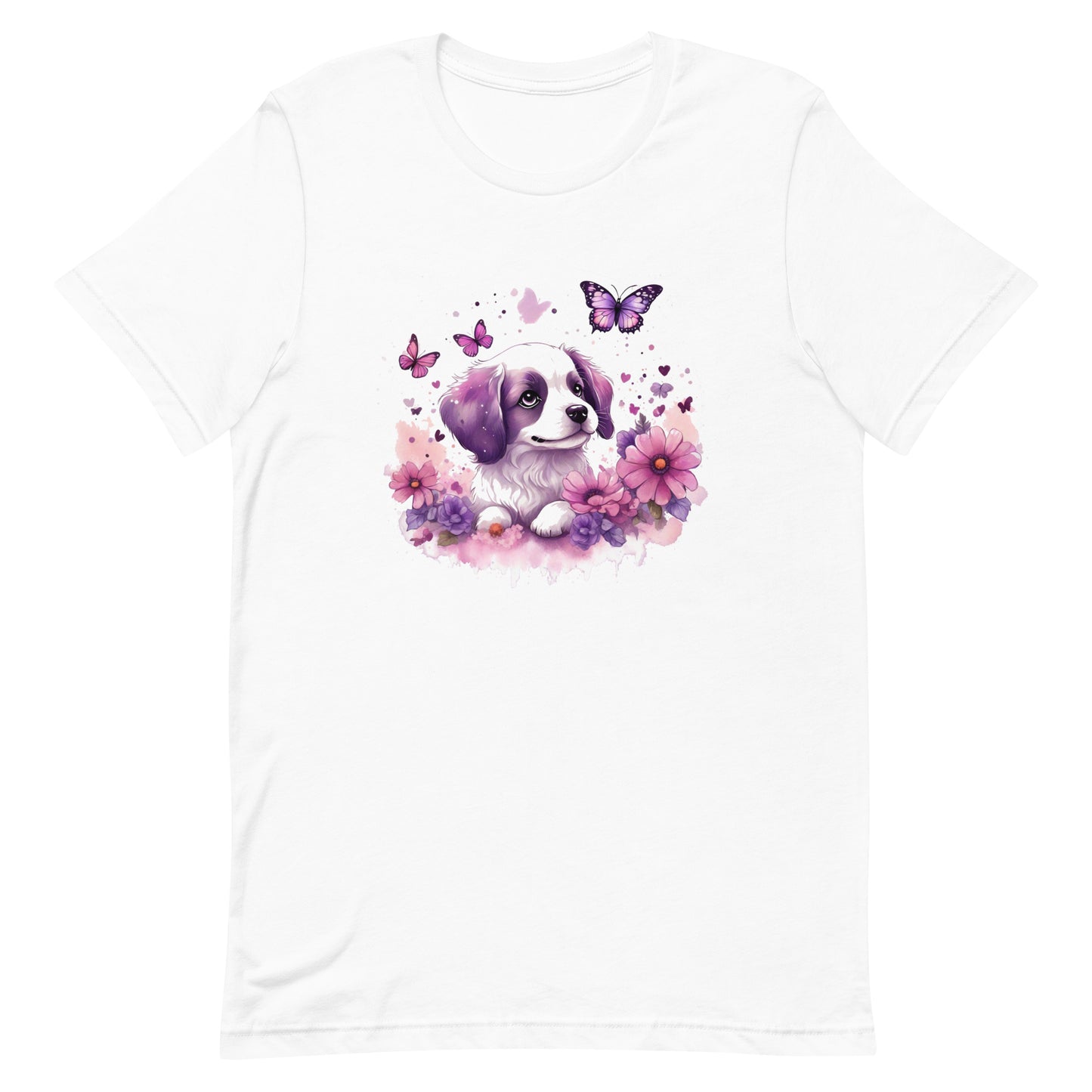 A detailed illustration a print of Lively cute puppy and dog paws,white background, fantasy heart splash, rounded circle, vintage short sleeve crew neck t-shirt design, dark read and Dark Purples and pink colors,on a white background, in the style of Studio Ghibli, cute and quirky, fantasy art, watercolor effect, hand-drawn, digital painting 