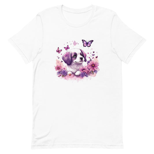 A detailed illustration a print of Lively cute puppy and dog paws,white background, fantasy heart splash, rounded circle, vintage short sleeve crew neck t-shirt design, dark read and Dark Purples and pink colors,on a white background, in the style of Studio Ghibli, cute and quirky, fantasy art, watercolor effect, hand-drawn, digital painting 