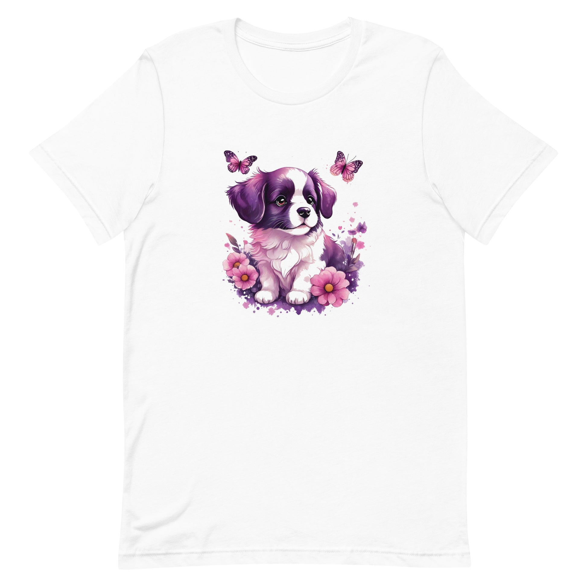 A detailed illustration a print of Lively cute puppy and dog paws,white background, fantasy heart splash, rounded circle, vintage short sleeve crew neck t-shirt design, dark read and Dark Purples and pink colors,on a white background, in the style of Studio Ghibli, cute and quirky, fantasy art, watercolor effect, hand-drawn, digital painting 