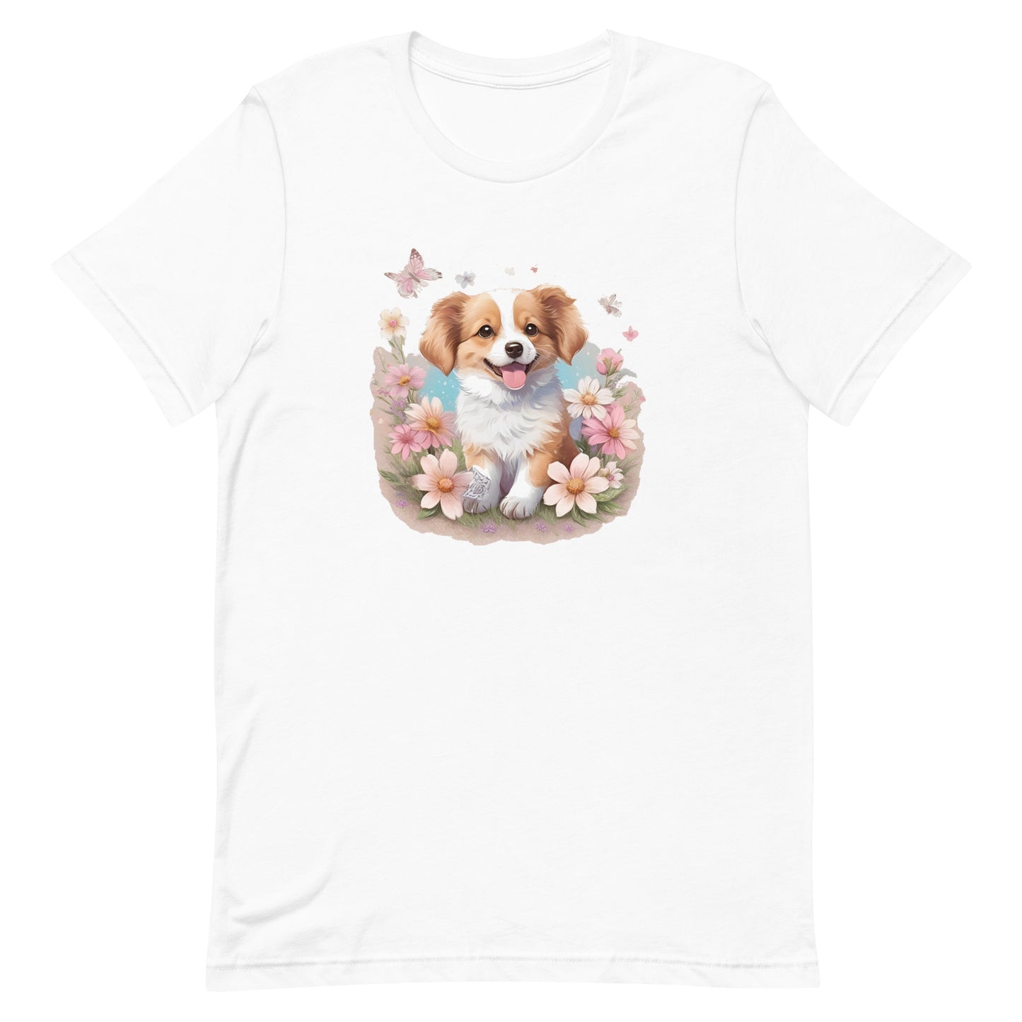 a cute spaniel puppy dog with flowers around its neck on a white crew neck t-shirt, a detailed drawing, furry art, made of flowers, digital illustration, detailed painting