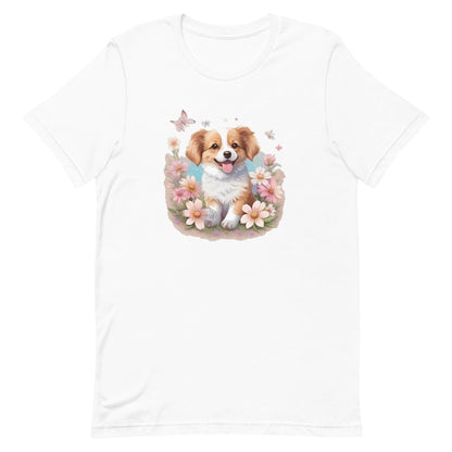 a cute spaniel puppy dog with flowers around its neck on a white crew neck t-shirt, a detailed drawing, furry art, made of flowers, digital illustration, detailed painting