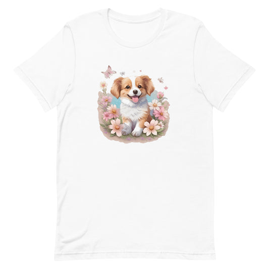 a cute spaniel puppy dog with flowers around its neck on a white crew neck t-shirt, a detailed drawing, furry art, made of flowers, digital illustration, detailed painting