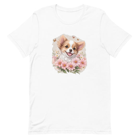 a cute corgi puppy dog with flowers around its neck on a white crew neck t-shirt, a detailed drawing, furry art, made of flowers, digital illustration, detailed painting