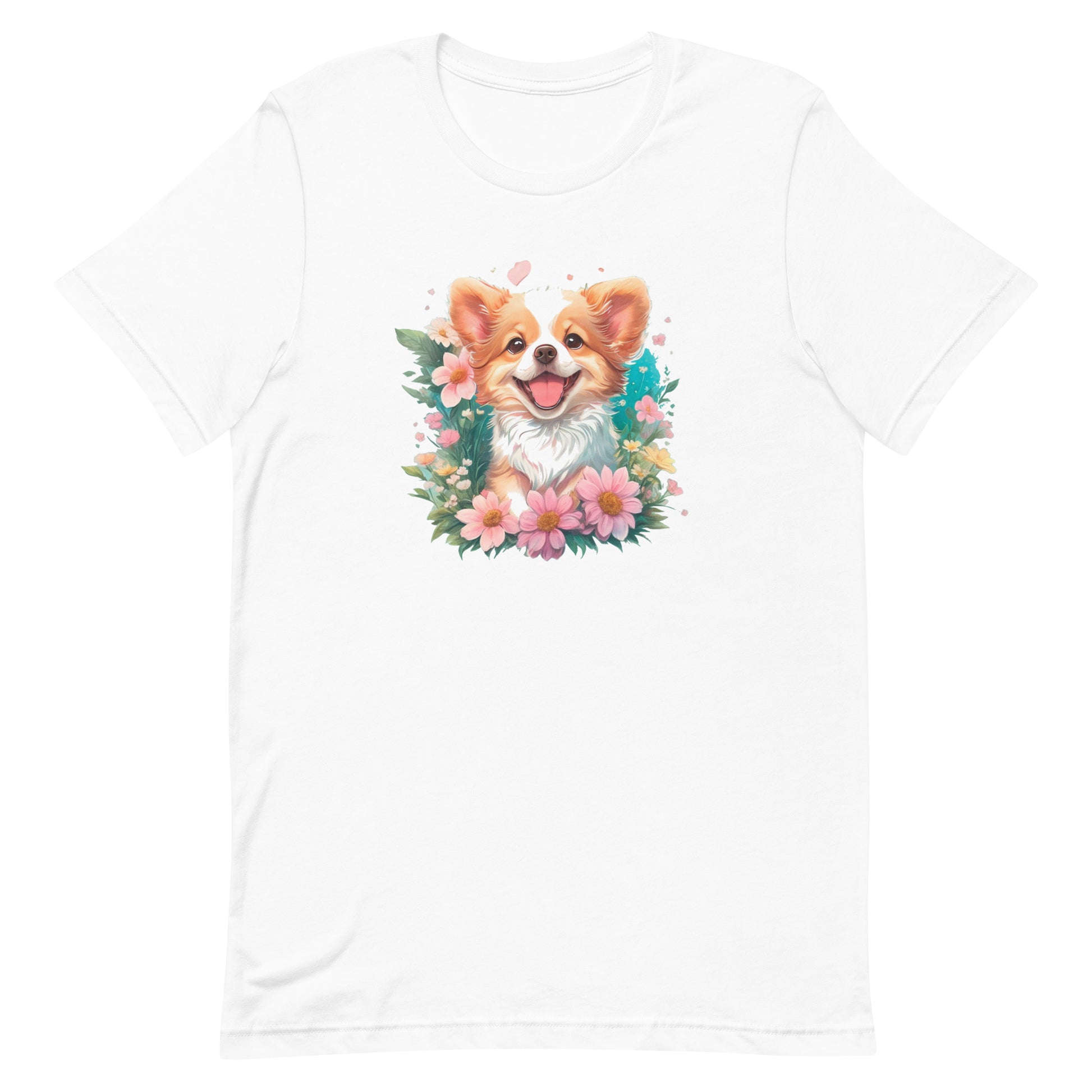 A detailed illustration, a print of Lively cute puppy dog with flowers around its neck on a white crew neck short sleeve t-shirt, a detailed drawing, furry art, made of flowers, digital illustration, detailed painting design, pastel palette color, in the style of Studio Ghibli, cute and quirky.