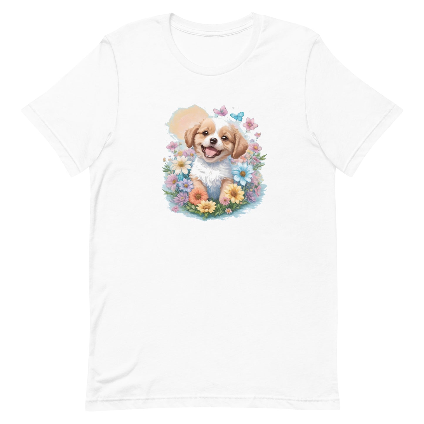 A detailed illustration a print of Lively cute puppy and dog paws,white background, fantasy heart splash, rounded circle, vintage short sleeve crew neck t-shirt design, dark read and Dark Purples and pink colors,on a white background, in the style of Studio Ghibli, cute and quirky, fantasy art, watercolor effect, hand-drawn, digital painting