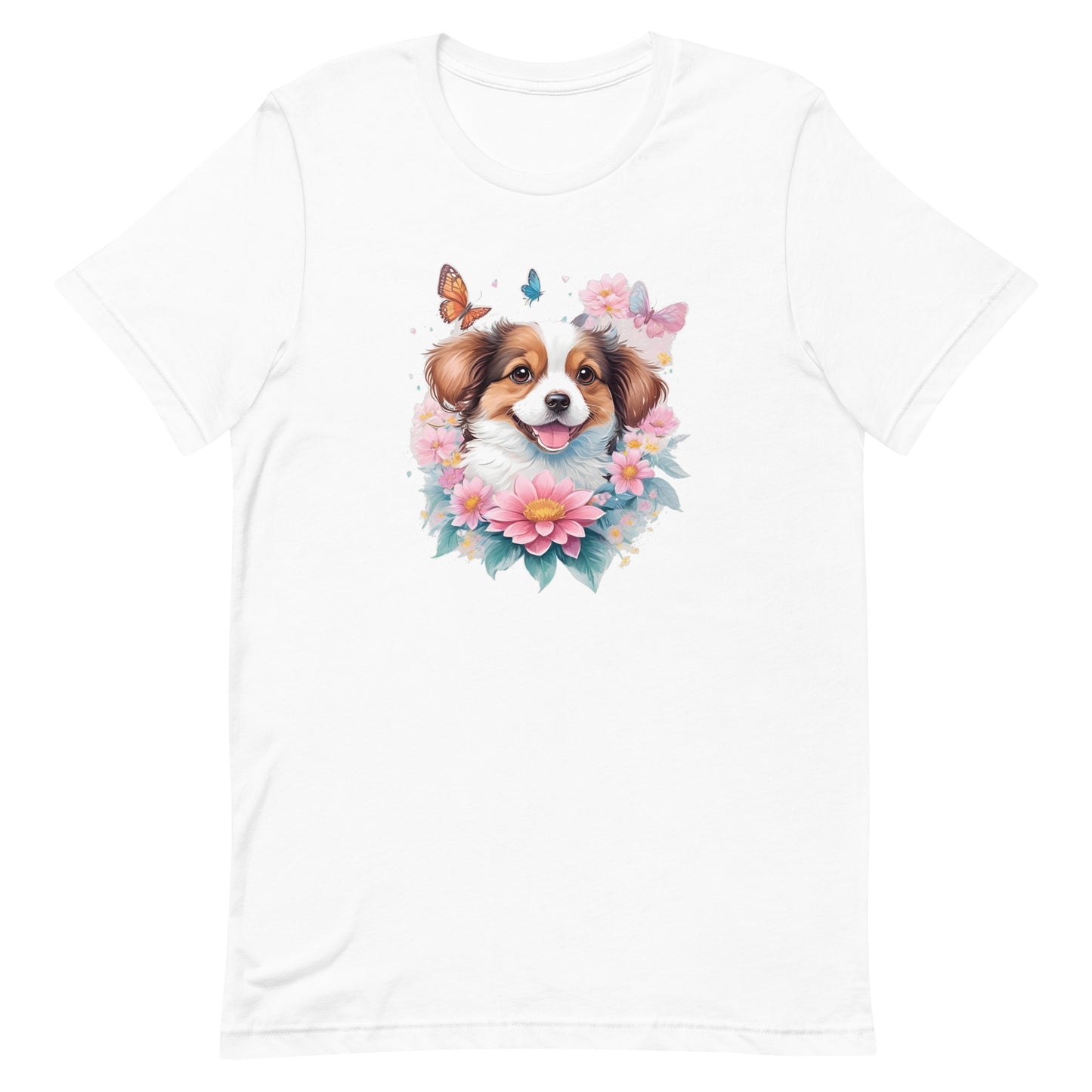 a cute shepherd puppy dog with flowers around its neck on a white crew neck t-shirt, a detailed drawing, furry art, made of flowers, digital illustration, detailed painting