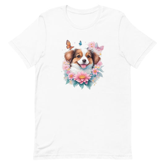 a cute shepherd puppy dog with flowers around its neck on a white crew neck t-shirt, a detailed drawing, furry art, made of flowers, digital illustration, detailed painting