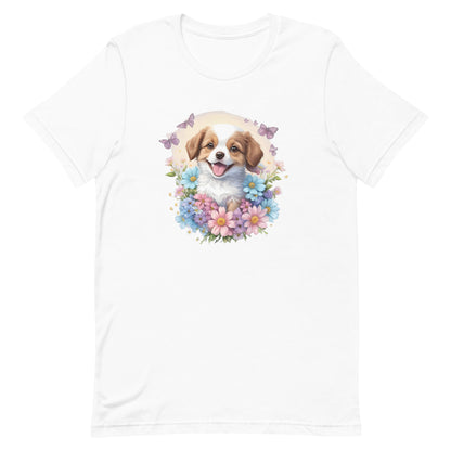 a cute spaniel puppy dog with flowers around its neck on a white crew neck t-shirt, a detailed drawing, furry art, made of flowers, digital illustration, detailed painting