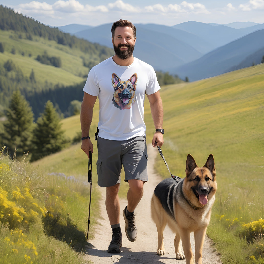 White crew neck short sleeved t-shirt, feature a graphic vibrant colorful lhand-drawn dog face of a German Shepherd Puppy with its tongue out, looking at the viewer