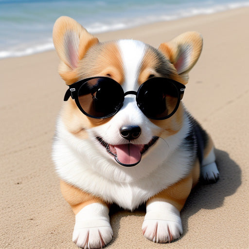 cute corgi puppy wearing black sun glassses, laying on the sand on a beach, happy face with tonque out