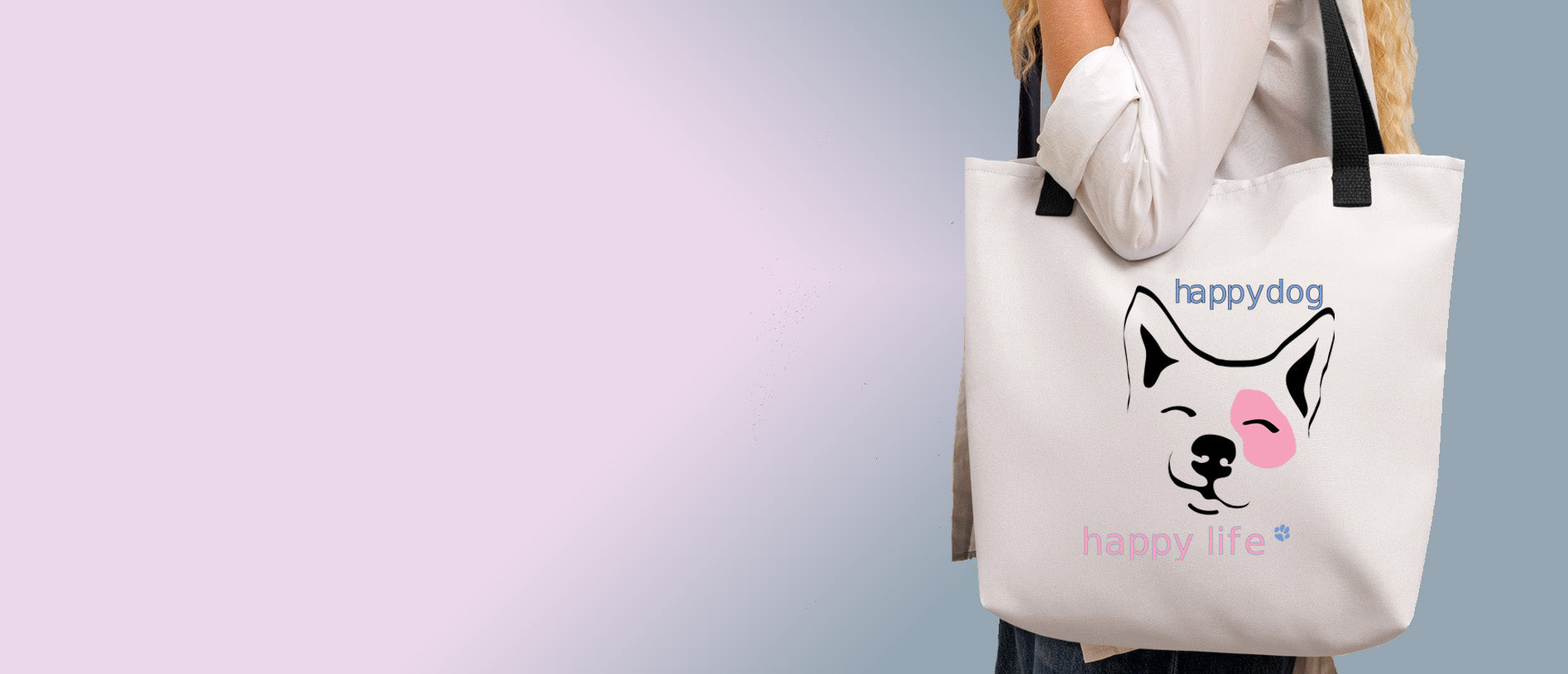 Woman carrying a large white uni-size tote bag, with black shoulder strips. Featuring a bold ‘happy dog happy life’ text with a cute smiling corgi dog face graphic,  Soft canvas, cozy fit, stylish accessories for  dog moms, pet lovers, and everyday casual wear.