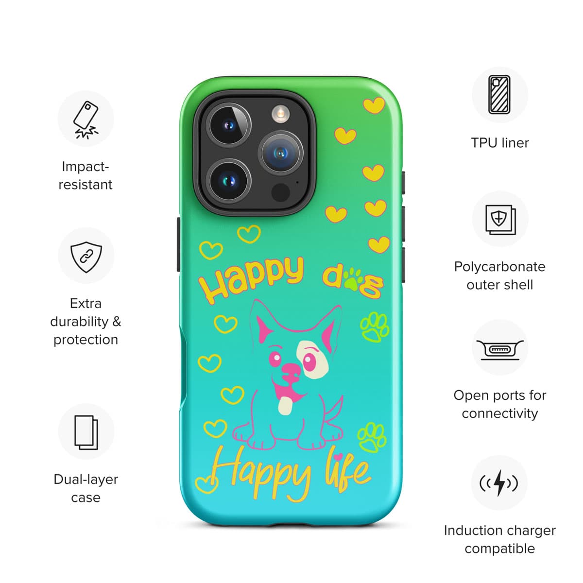 Phone case with cartoon dog design and feature icons on a white background