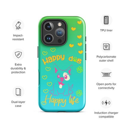 Phone case with cartoon dog design and feature icons on a white background