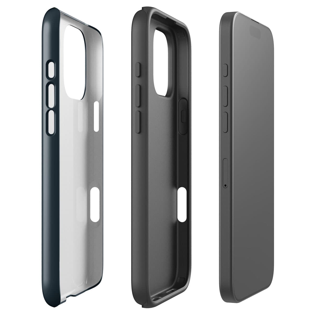 Black phone case shown from three angles on a white background