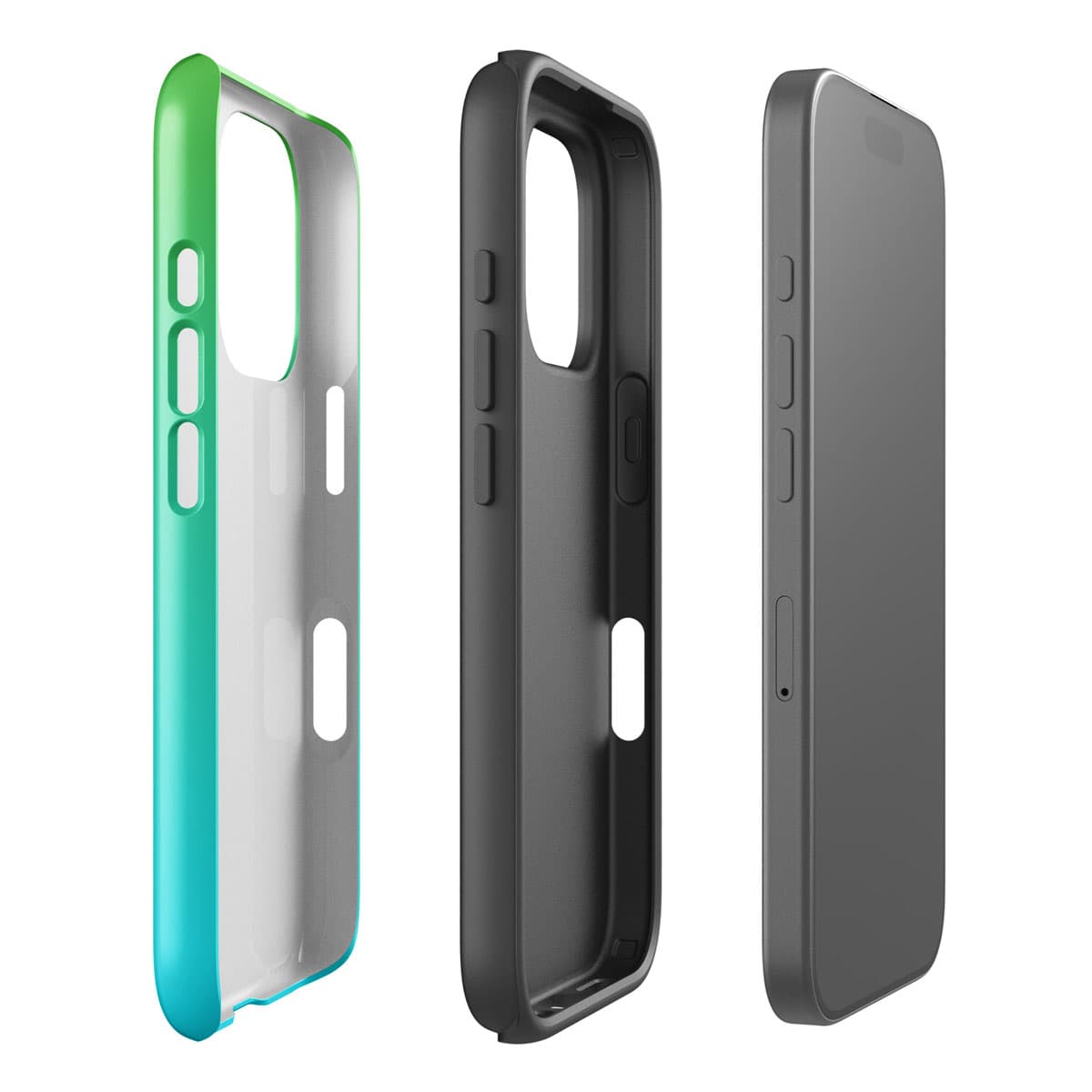 Three phone cases in green, black, and gray on a white background