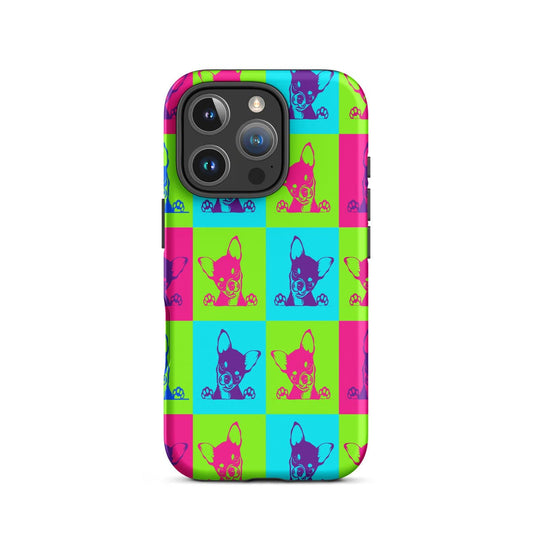 Neon Chihuahua Checkerboard iPhone Tough Case | Colorful Pop Art Dog Lover Phone Cover with Dual-Layer Protection for iPhone 11–17 Series