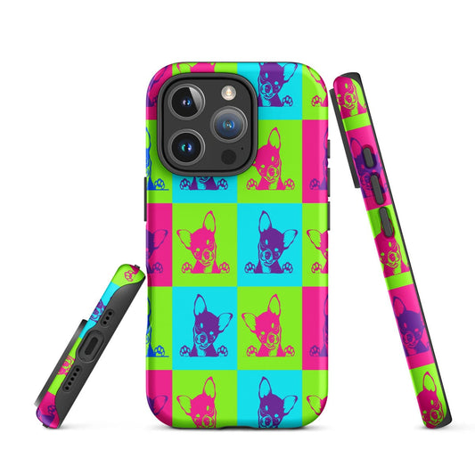 Neon Chihuahua Checkerboard iPhone Tough Case | Colorful Pop Art Dog Lover Phone Cover with Dual-Layer Protection for iPhone 11–17 Series