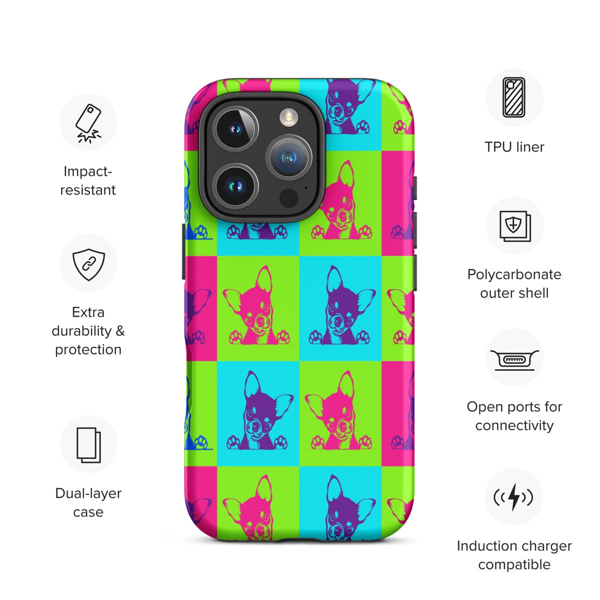 iphone cover colorful inspired Andy Warhol chihuahua case, feature speifications