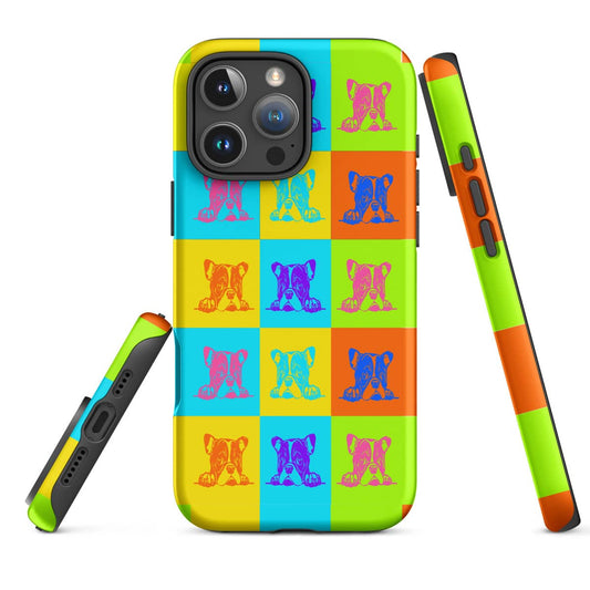 Warhol Style Bulldog iPhone Case – Neon Grid Dog Design Dual-Layer Protective Tough Cover for iPhone 11-17 Series