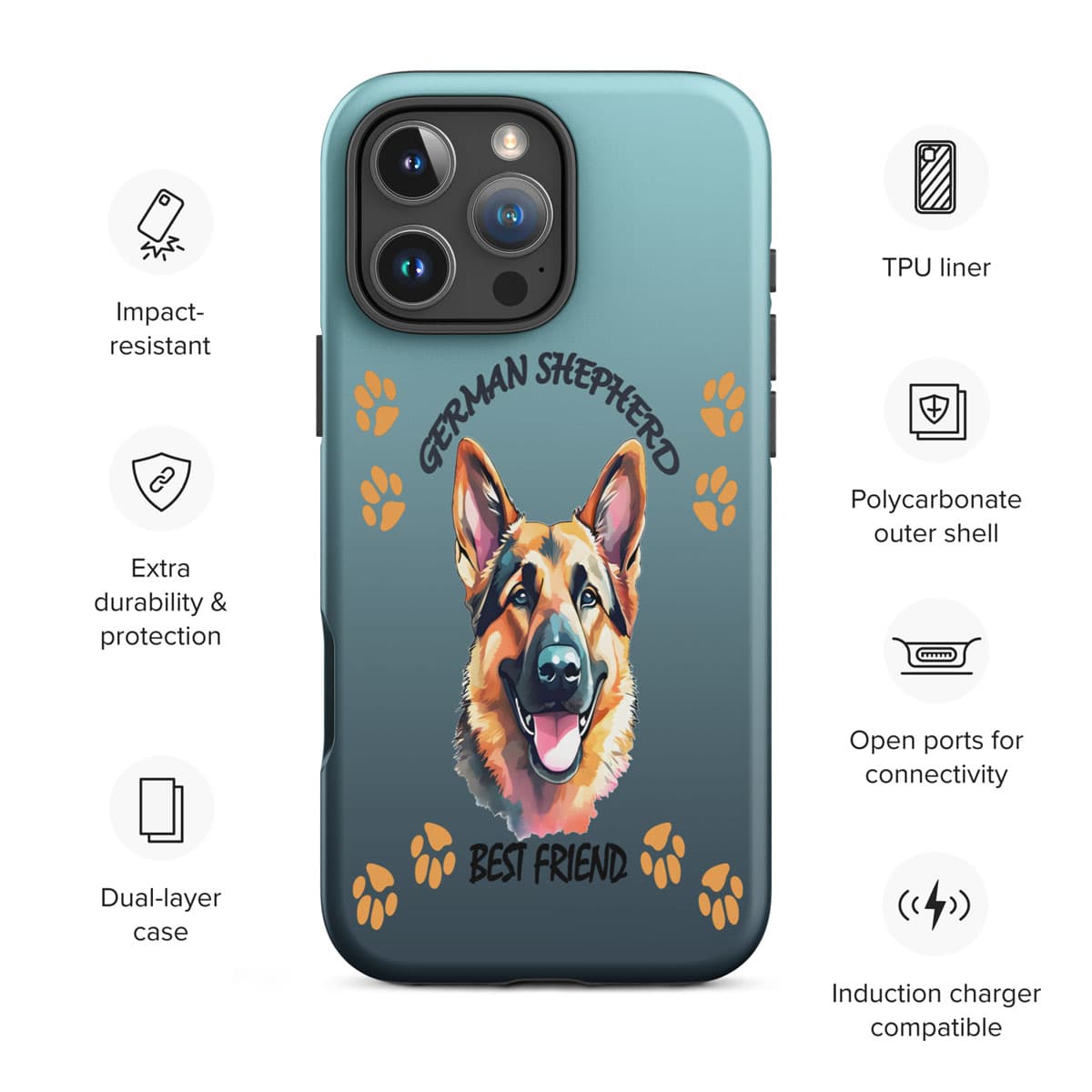 Phone case with a German Shepherd illustration and 'Best Friend' text on a blue background
