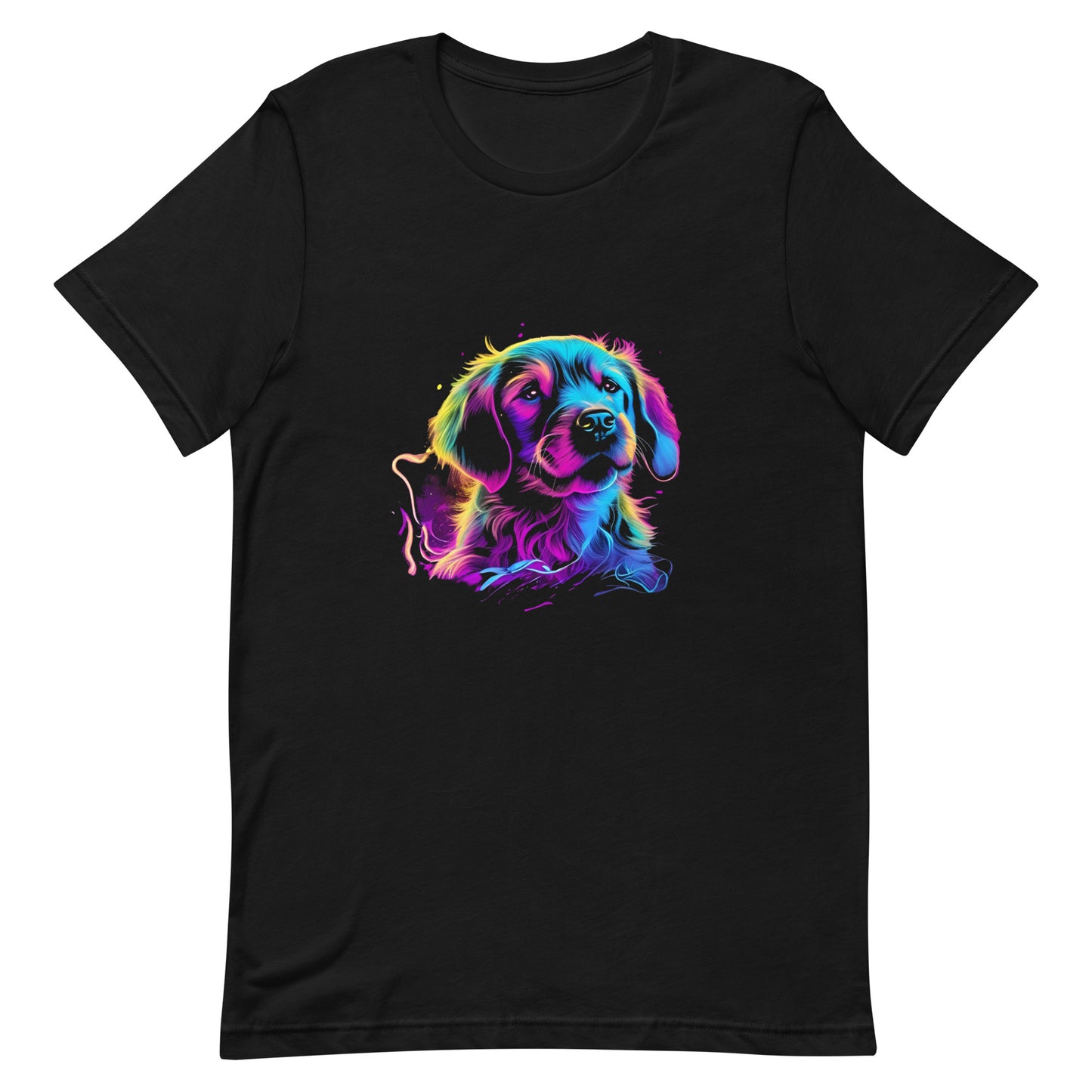 neon colors, cartoon style illustration of a cute adorable Labrador dog face how the dog sees the world while experiencing dog life, on a black crew neck short sleeve t-shirt, a detailed drawing, furry art digital illustration, detailed painting design, vibrate  color palette, in the style of Studio Ghibli, cute and quirky.