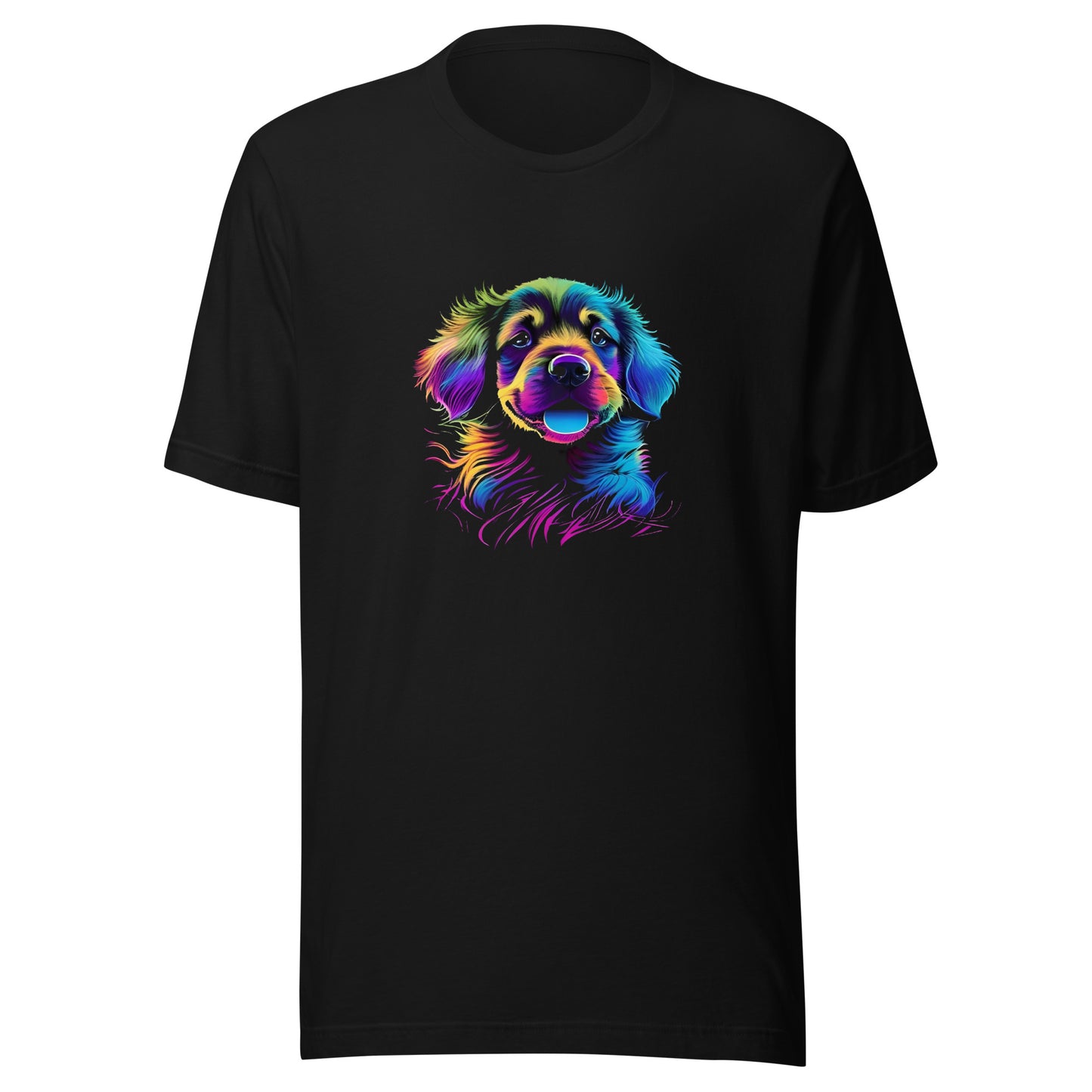 neon colors, cartoon style illustration of a cute adorable Cocker Spaniel´s dog face how the dog sees the world while experiencing dog life, on a black crew neck short sleeve t-shirt, a detailed drawing, furry art digital illustration, detailed painting design, vibrate  color palette, in the style of Studio Ghibli, cute and quirky.