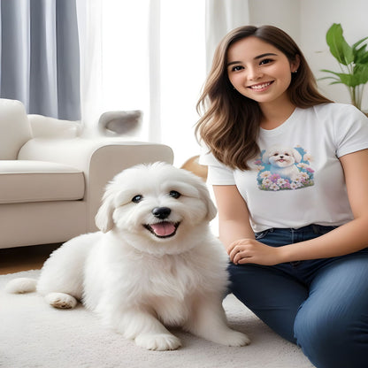 1 White cotton crew neck unisex short sleeve tshirt, on the apparel is a detailed kawaii illustration print of a lively cute adorable coton de tulear surrounded by floral arrangement in a wicker basket. The design brings a touch of color, warmth, and charm in pastel color palette to the shirt print.