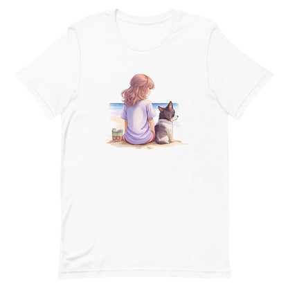 A detailed kawaii illustration a print of Lively cute puppy girl Beach Human back sit Back view ,white background, fantasy, vintage short sleeve crew neck t-shirt design, dark read and Dark Purples and pink colors, on a white background, in kawaii style, cute and quirky, fantasy art, watercolor effect, hand-drawn, digital painting 