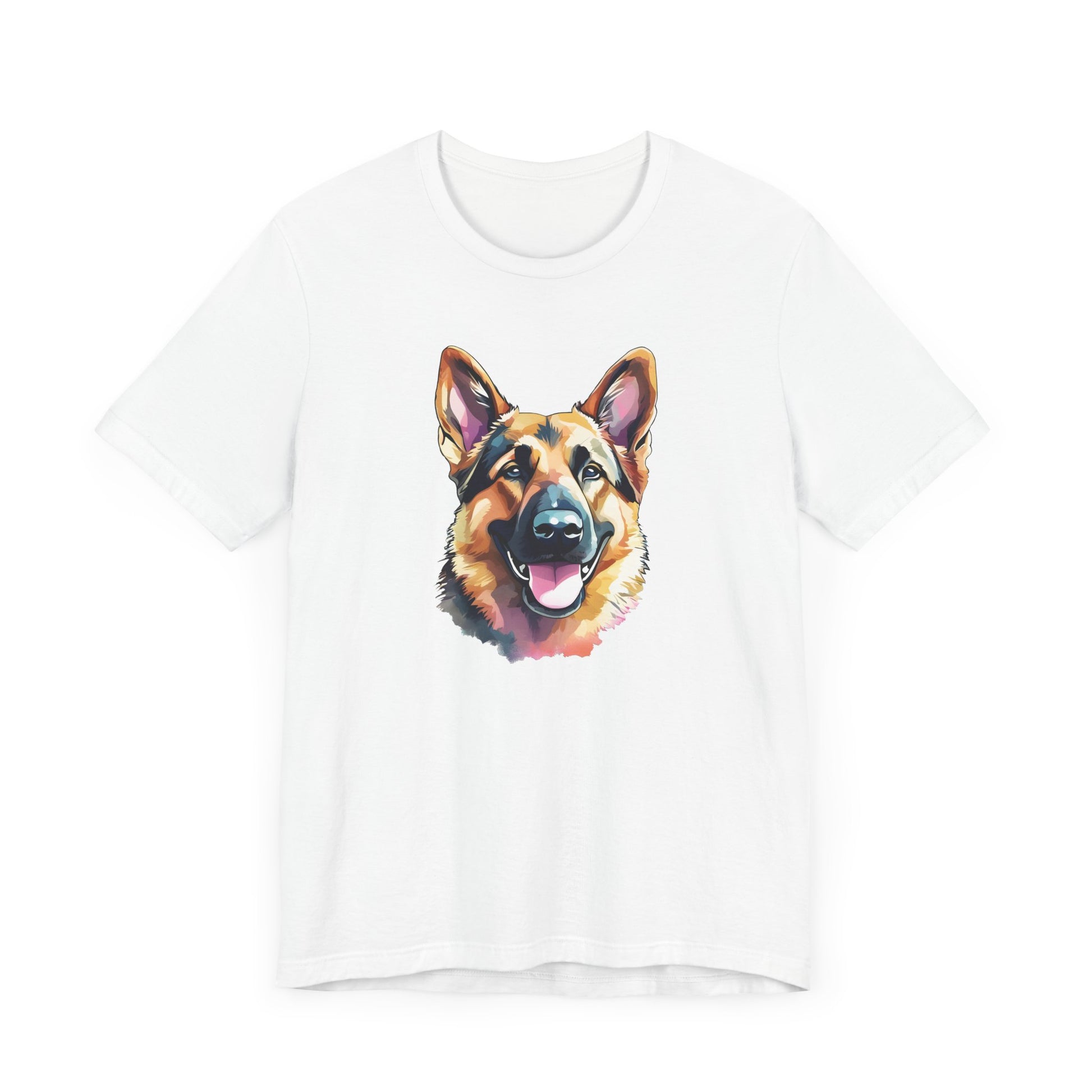 White crew neck short sleeved t-shirt, feature a graphic vibrant colorful lhand-drawn dog face of a German Shepherd Puppy with its tongue out, looking at the viewer