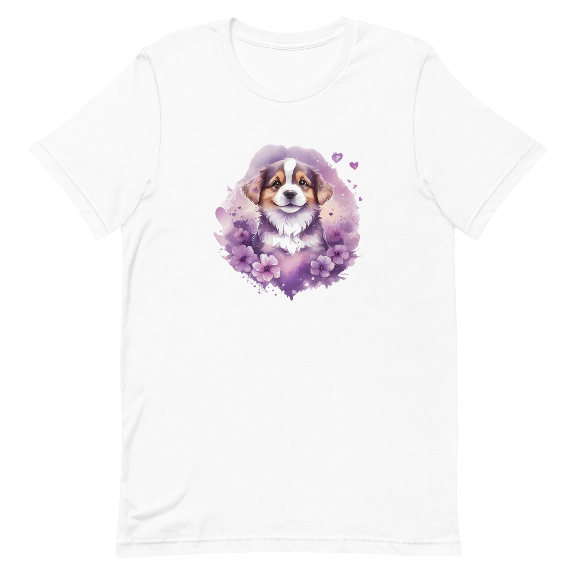 A detailed illustration a print of Lively cute puppy and dog paws,white background, fantasy heart splash, rounded circle, vintage short sleeve crew neck t-shirt design, dark read and Dark Purples and pink colors,on a white background, in the style of Studio Ghibli, cute and quirky, fantasy art, watercolor effect, hand-drawn, digital painting 