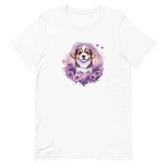 A detailed illustration a print of Lively cute puppy and dog paws,white background, fantasy heart splash, rounded circle, vintage short sleeve crew neck t-shirt design, dark read and Dark Purples and pink colors,on a white background, in the style of Studio Ghibli, cute and quirky, fantasy art, watercolor effect, hand-drawn, digital painting 