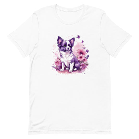 A detailed illustration a print of Lively cute puppy and dog paws,white background, fantasy heart splash, rounded circle, vintage short sleeve crew neck t-shirt design, dark read and Dark Purples and pink colors,on a white background, in the style of Studio Ghibli, cute and quirky, fantasy art, watercolor effect, hand-drawn, digital painting