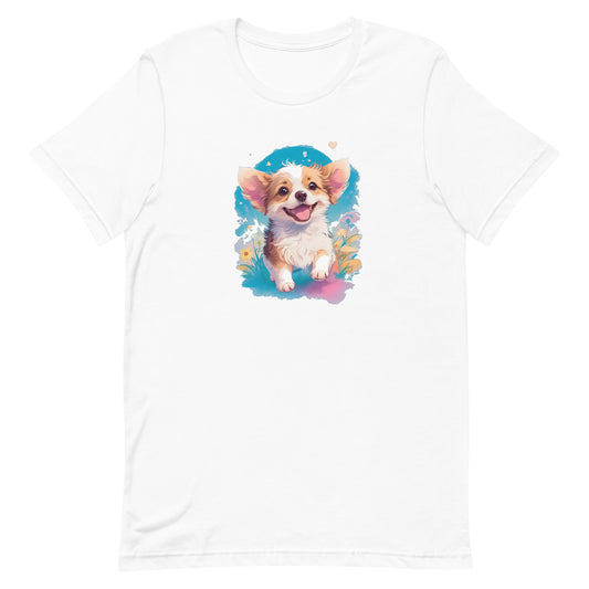 a adorable cute puppy dog with flowers around its neck on a white crew neck short sleeve t-shirt, a detailed drawing, furry art, made of flowers, digital illustration, detailed painting