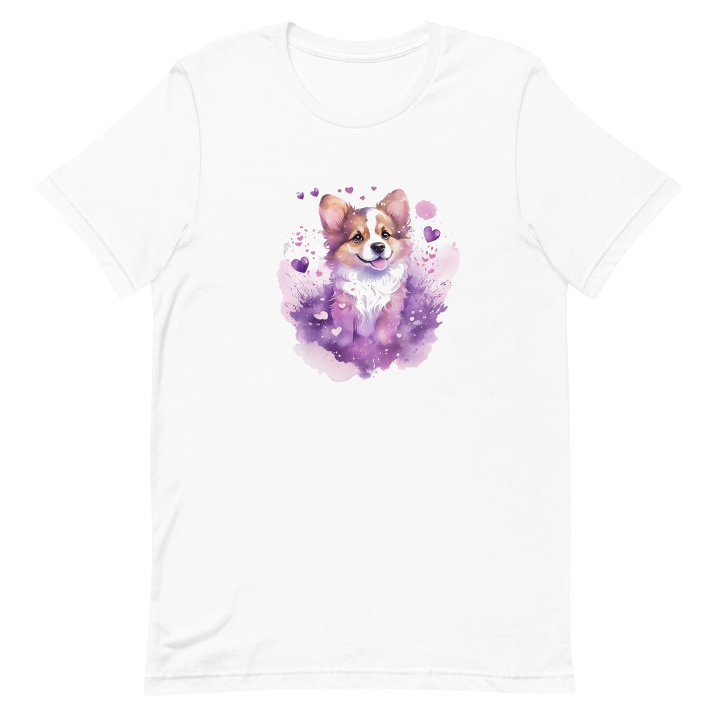 A detailed illustration a print of Lively cute puppy and dog paws,white background, fantasy heart splash, rounded circle, vintage short sleeve crew neck t-shirt design, dark read and Dark Purples and pink colors,on a white background, in the style of Studio Ghibli, cute and quirky, fantasy art, watercolor effect, hand-drawn, digital painting 