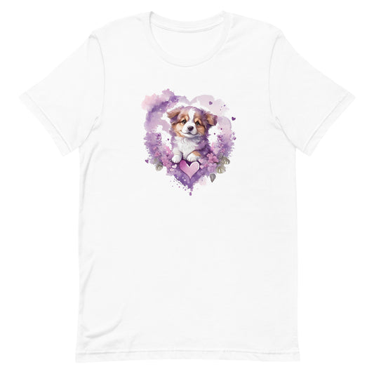 A detailed illustration a print of Lively cute puppy and dog paws,white background, fantasy heart splash, rounded circle, vintage short sleeve crew neck t-shirt design, dark read and Dark Purples and pink colors,on a white background, in the style of Studio Ghibli, cute and quirky, fantasy art, watercolor effect, hand-drawn, digital painting 