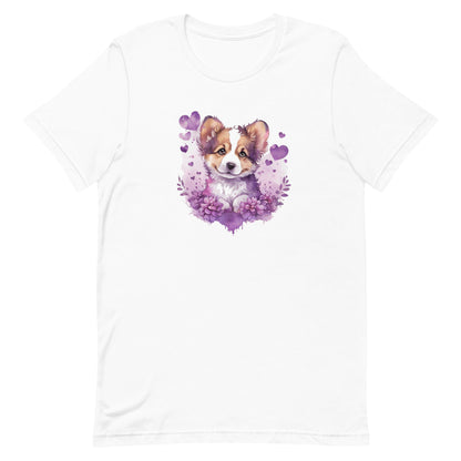 A detailed illustration a print of Lively cute puppy and dog paws,white background, fantasy heart splash, rounded circle, vintage short sleeve crew neck t-shirt design, dark read and Dark Purples and pink colors,on a white background, in the style of Studio Ghibli, cute and quirky, fantasy art, watercolor effect, hand-drawn, digital painting